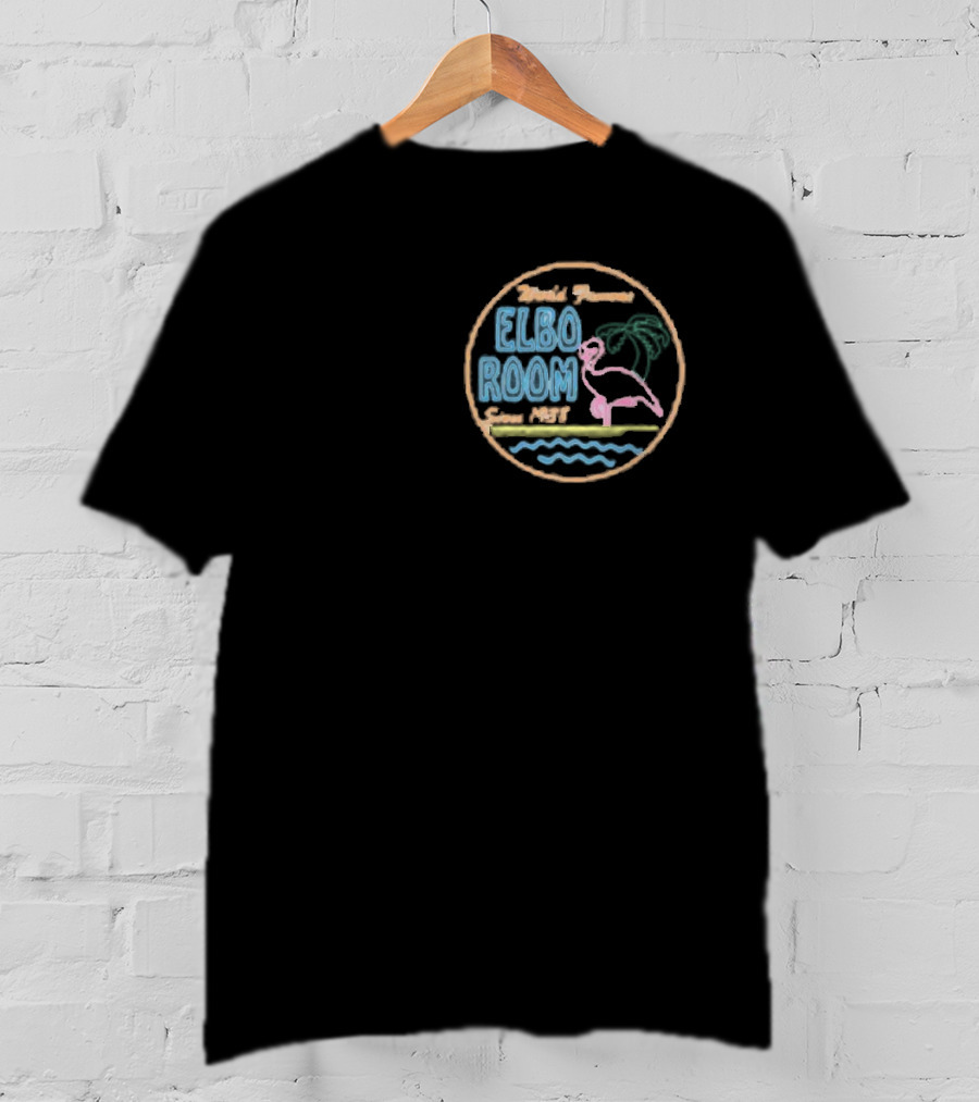 World Famous Elbo Room Since 1938 Neon Flamingo And Palm Tree T-Shirt