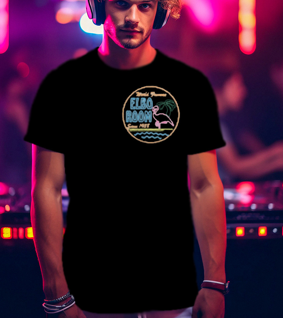 World Famous Elbo Room Since 1938 Neon Flamingo And Palm Tree T-Shirt