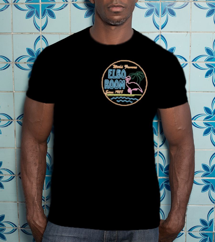 World Famous Elbo Room Since 1938 Neon Flamingo And Palm Tree T-Shirt