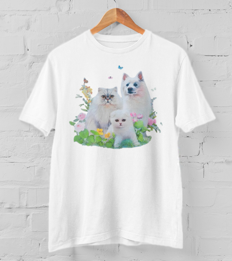 Qtcinderella Pet Animals With Cats And Dog In Floral Pastel Garden T-Shirt