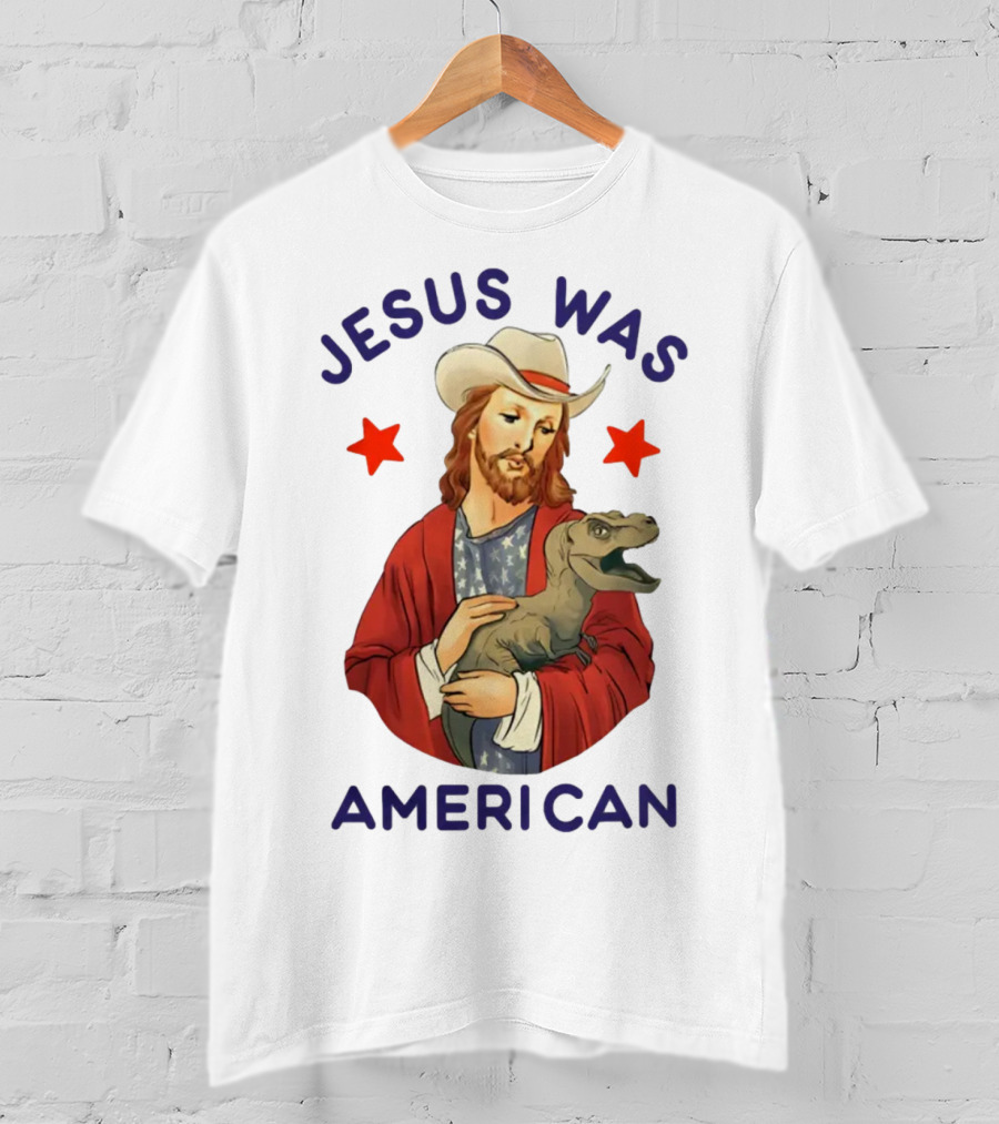 Jesus Was American Holding Dinosaur In Cowboy Hat With Stars T-Shirt