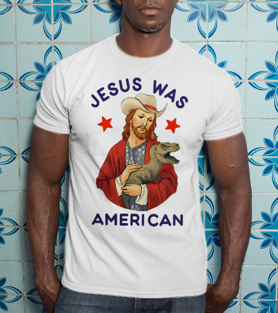 Jesus Was American Holding Dinosaur In Cowboy Hat With Stars T-Shirt
