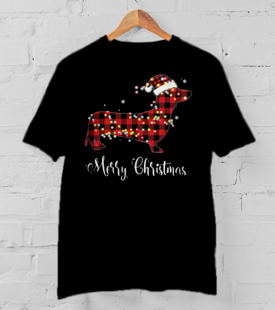 Merry Christmas Red Plaid Buffalo Dachshund With Santa Hat And Lights T-Shirt