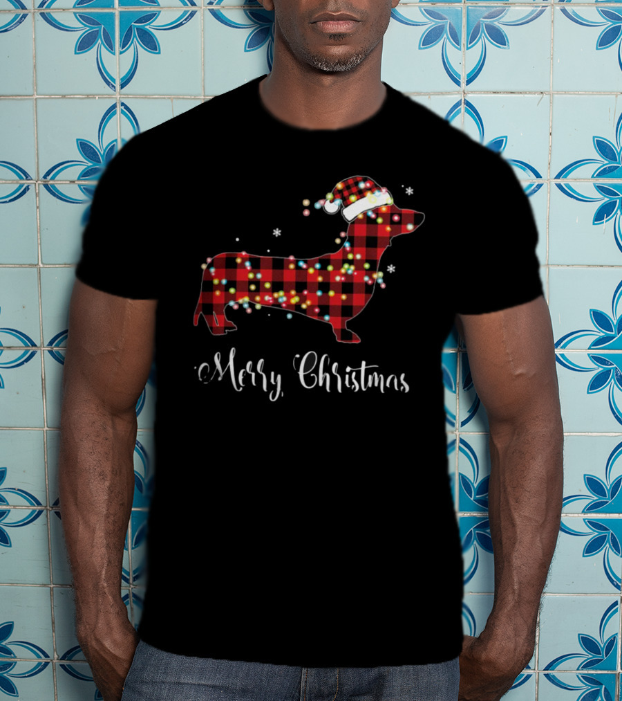Merry Christmas Red Plaid Buffalo Dachshund With Santa Hat And Lights T-Shirt