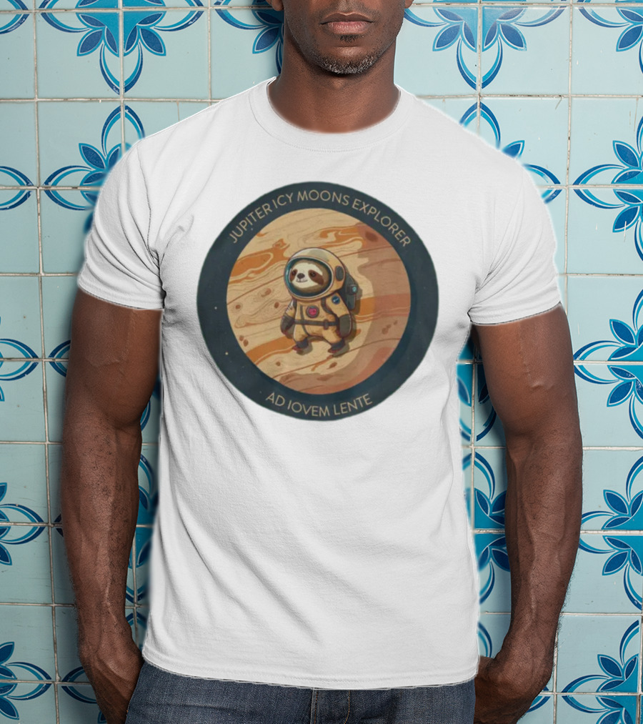 Jupiter Icy Moons Explorer Ad Iovem Lente Space Sloth In Astronaut Suit T-Shirt