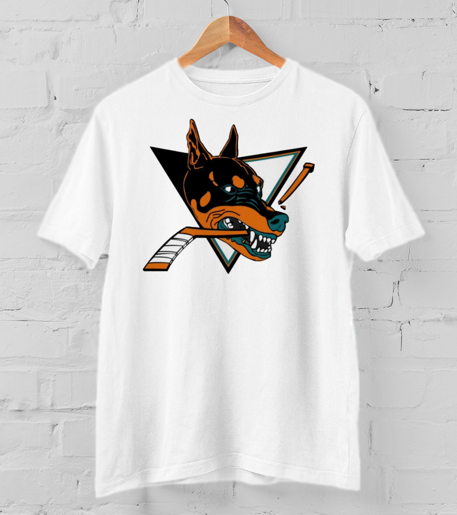 Kayzo San Jose Dogs Hockey Iconic Doberman Logo With Hockey Sticks T-Shirt