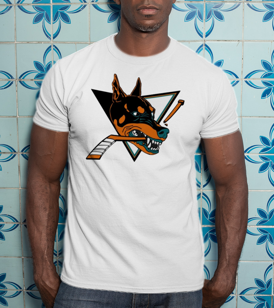 Kayzo San Jose Dogs Hockey Iconic Doberman Logo With Hockey Sticks T-Shirt