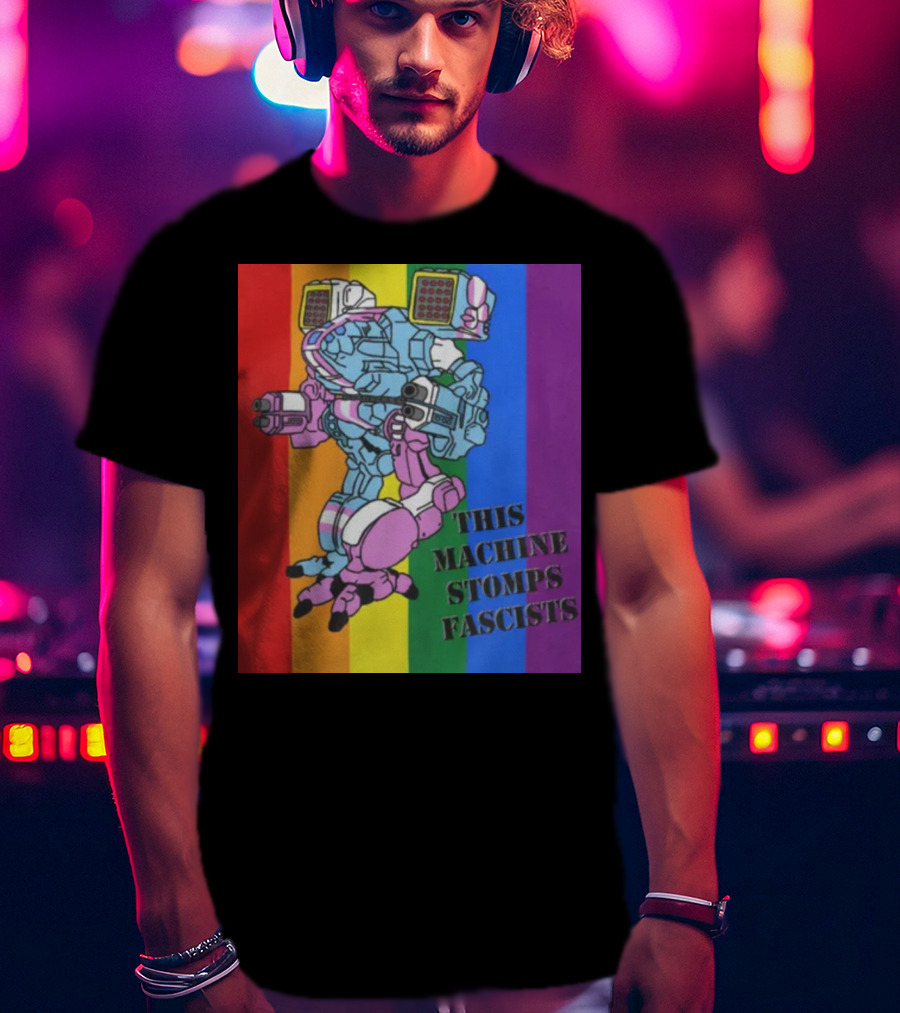 This Machine Stomps Fascists Mech Rainbow Stripes T-Shirt