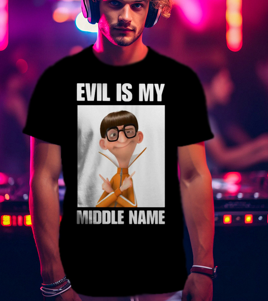 Evil Is My Middle Name Animated Character With Orange Outfit And Glasses T-Shirt