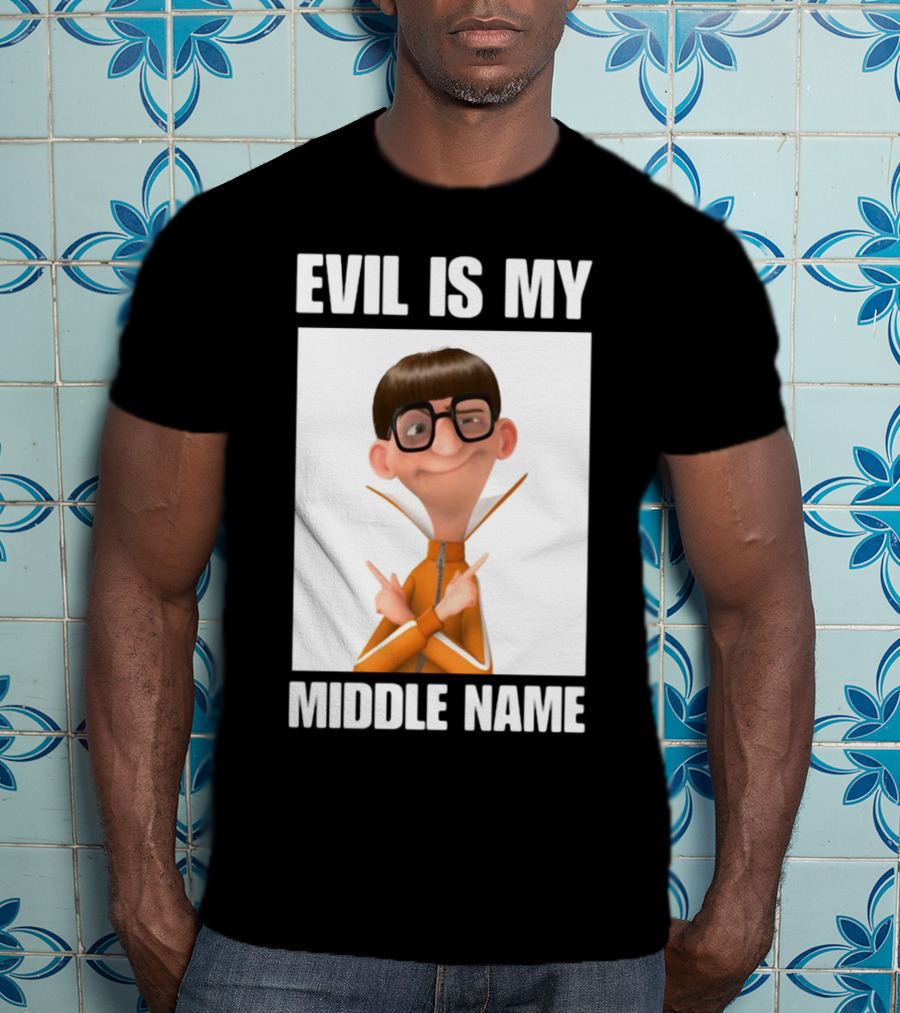 Evil Is My Middle Name Animated Character With Orange Outfit And Glasses T-Shirt