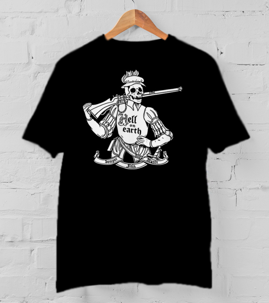 Hell On Earth Semper Finis Mundoi Skeleton Holding Rifle T-Shirt