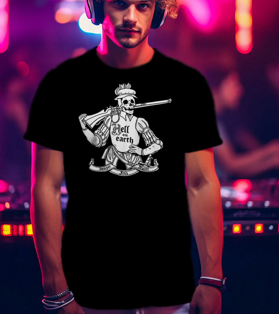 Hell On Earth Semper Finis Mundoi Skeleton Holding Rifle T-Shirt