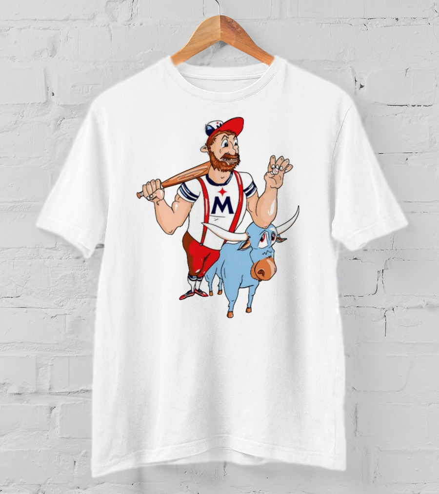 Barret Lee Paul Bunyan Cartoon Baseball Mascot With Blue Ox Babe And M T-Shirt