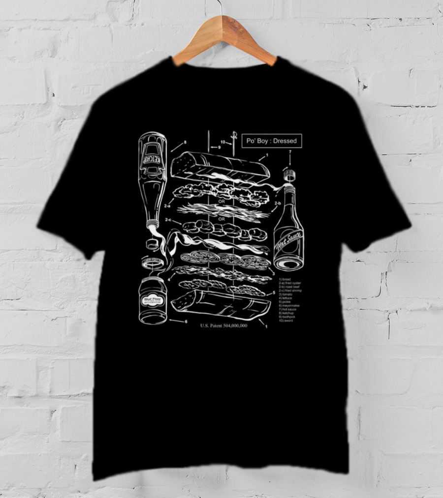 Po-Boy Dressed Blueprint With Hot Sauce And Ingredients Patent Diagram T-Shirt