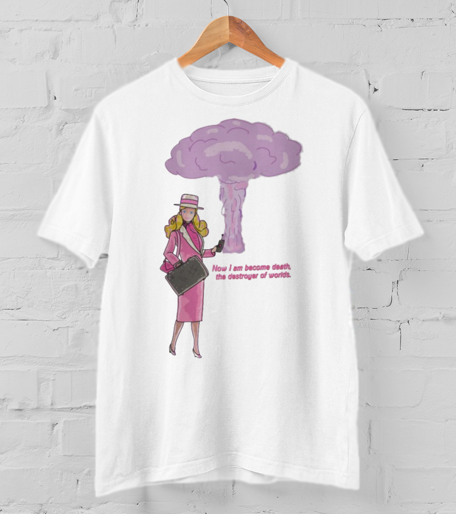 Now I Am Become Death The Destroyer Of Worlds Blonde Woman Pink Outfit Holding Bag Phone With Purple Mushroom Cloud T-Shirt
