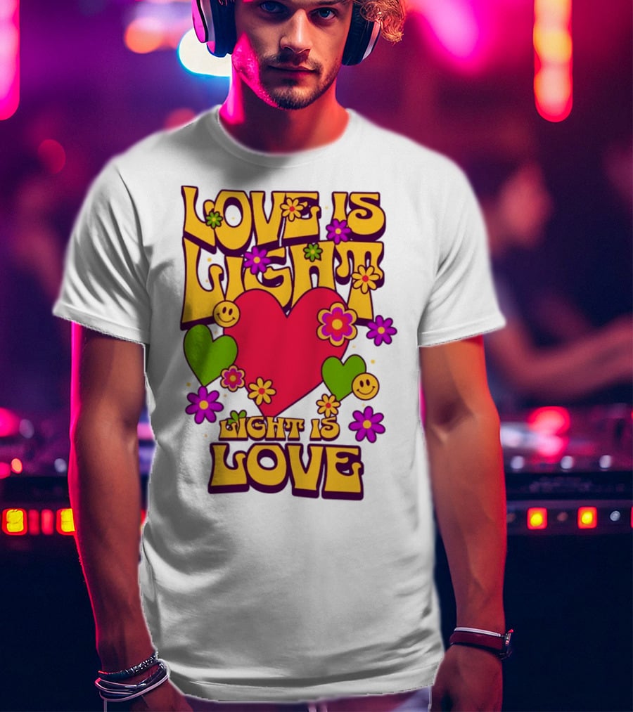 Love Is Light Light Is Love Colorful Heart Flowers Smiley Faces T-Shirt