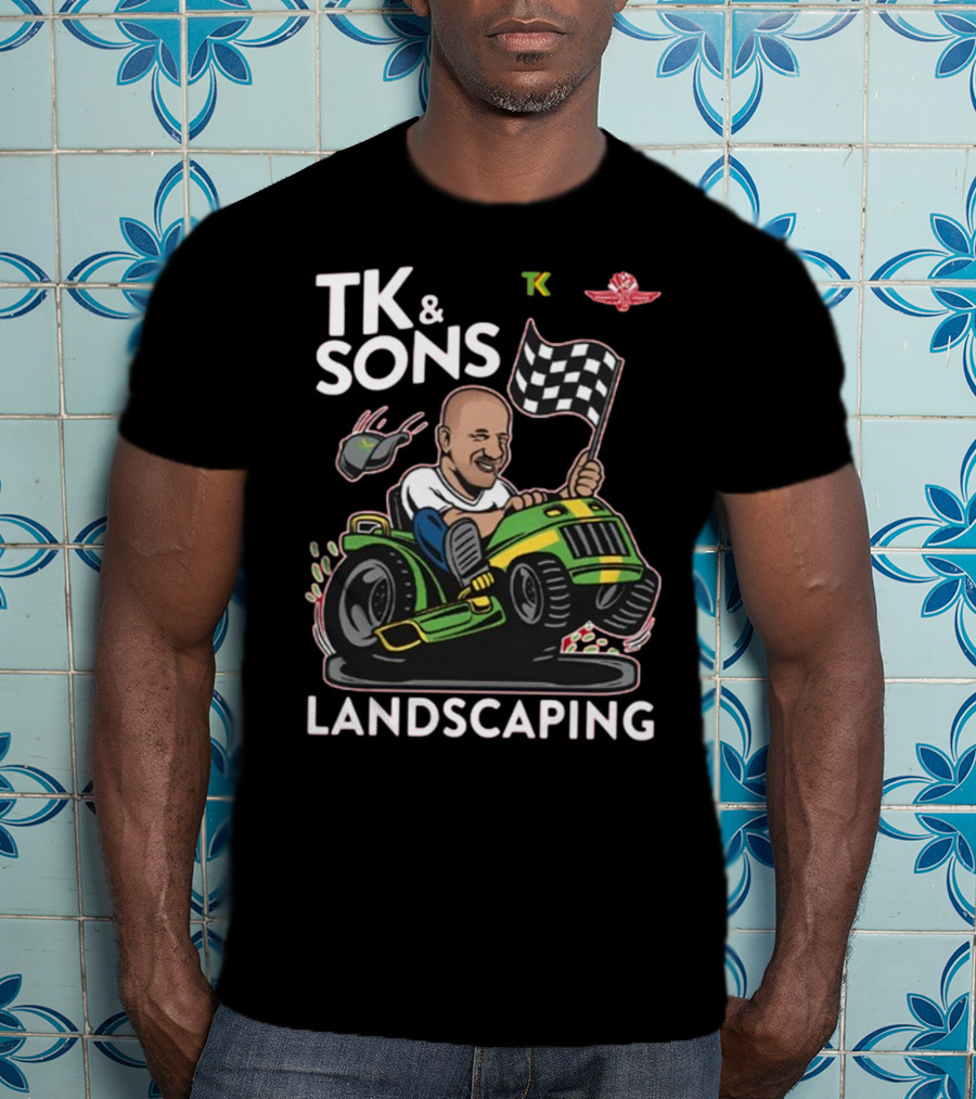 TK And Sons Landscaping Racing Lawn Mower Checkered Flag Victory T-Shirt