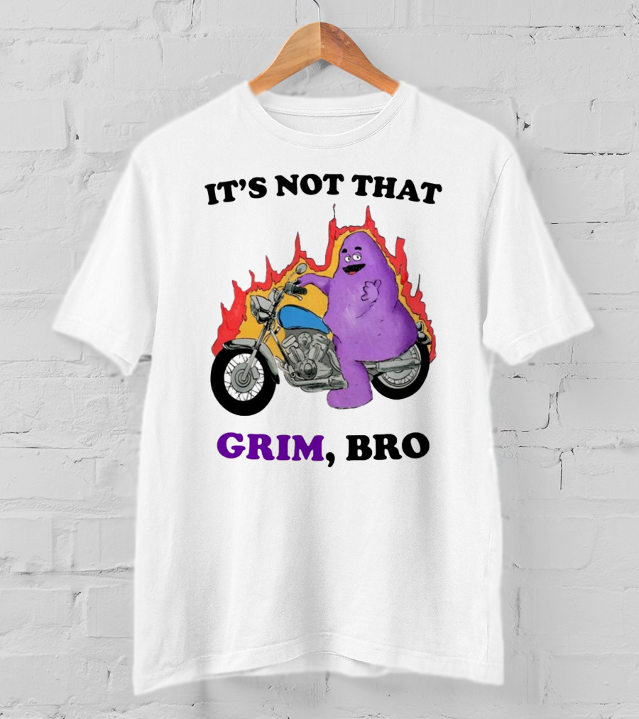 It's Not That Grim Bro Purple Character Riding Motorcycle With Flames T-Shirt