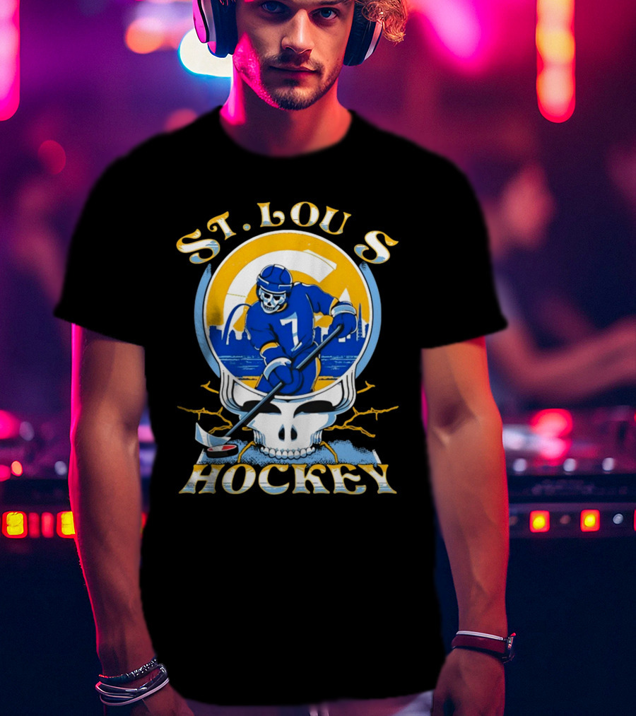 St Louis Hockey Grateful Dead Inspired Skeleton Playing Hockey T-Shirt