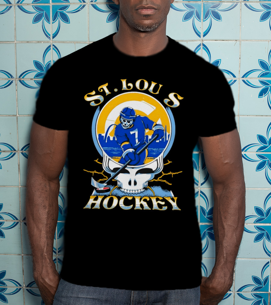 St Louis Hockey Grateful Dead Inspired Skeleton Playing Hockey T-Shirt