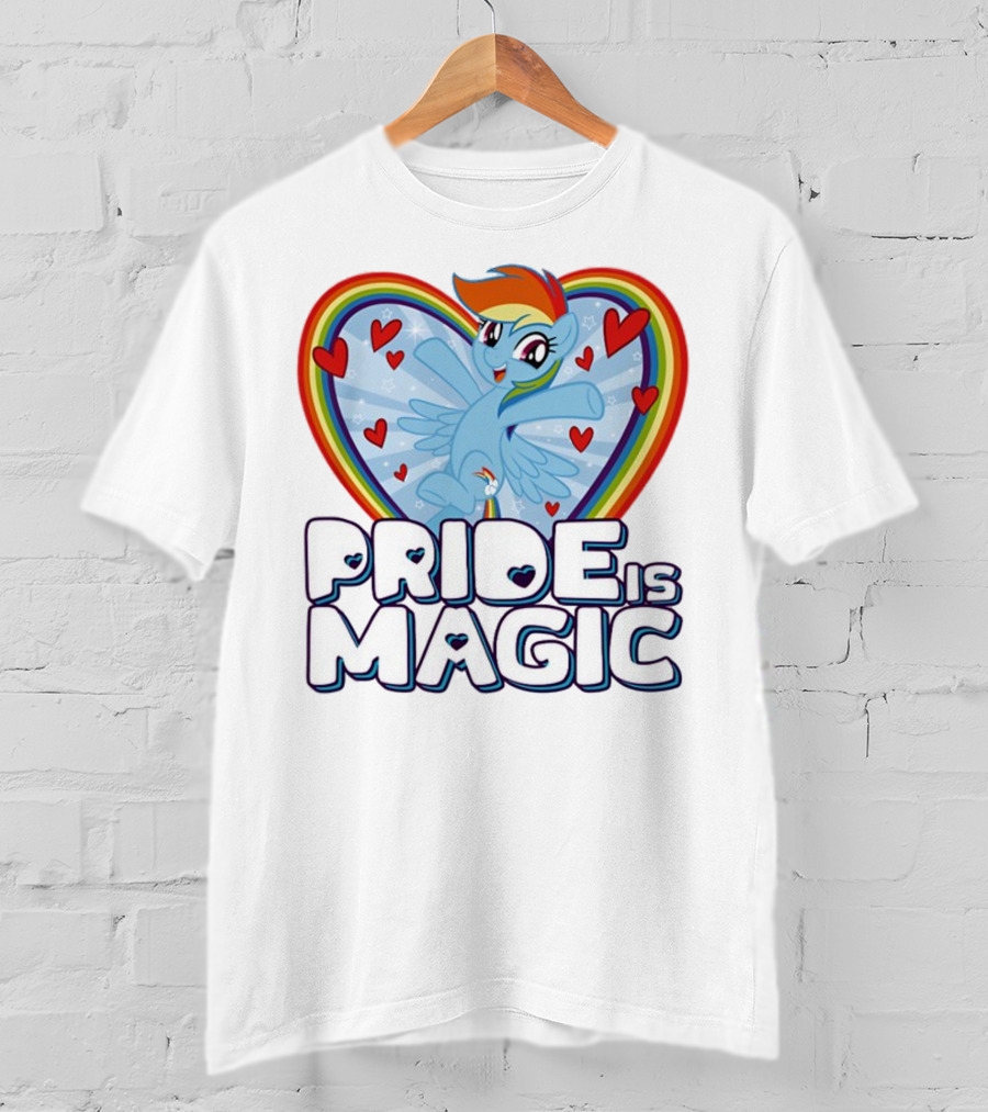 Pride Is Magic Rainbow Heart Flying Pony With Stars And Hearts T-Shirt