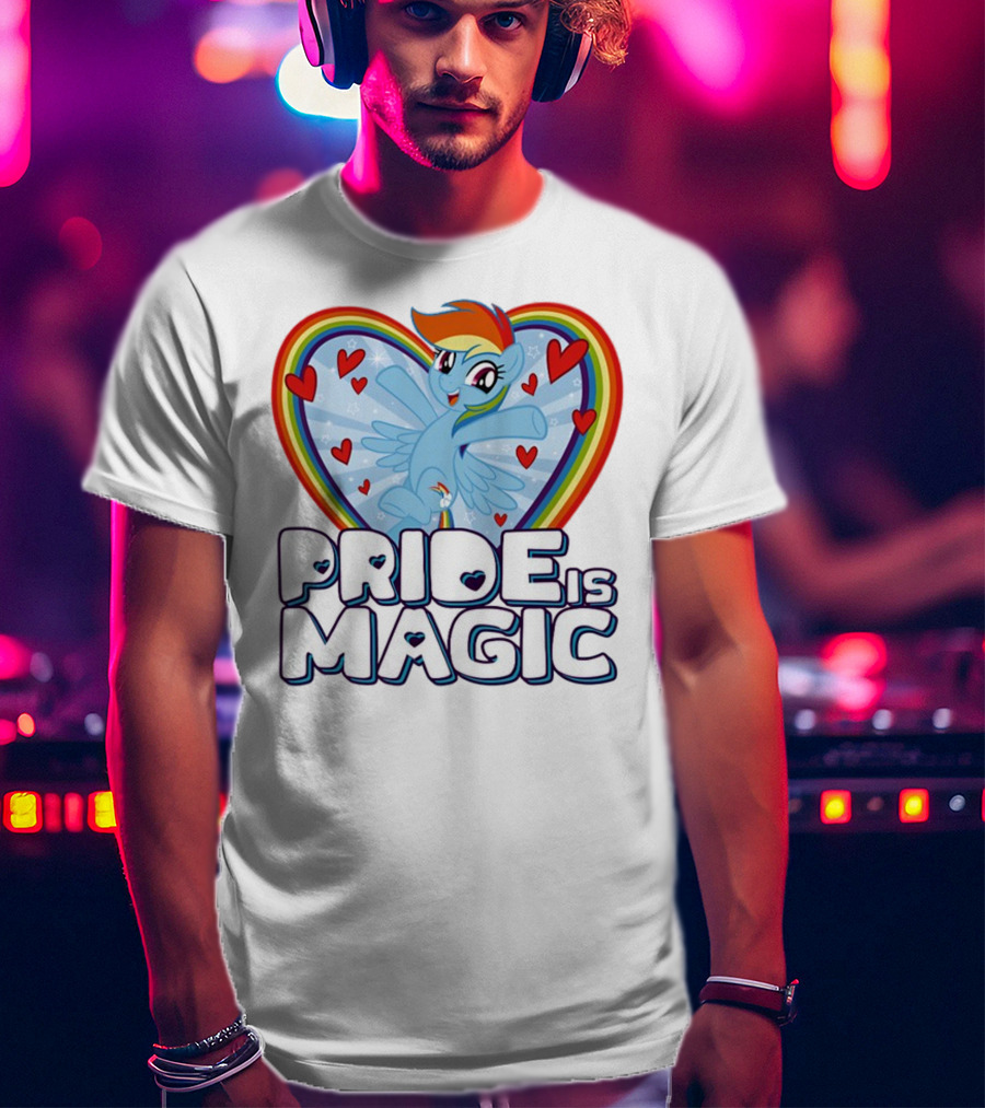Pride Is Magic Rainbow Heart Flying Pony With Stars And Hearts T-Shirt