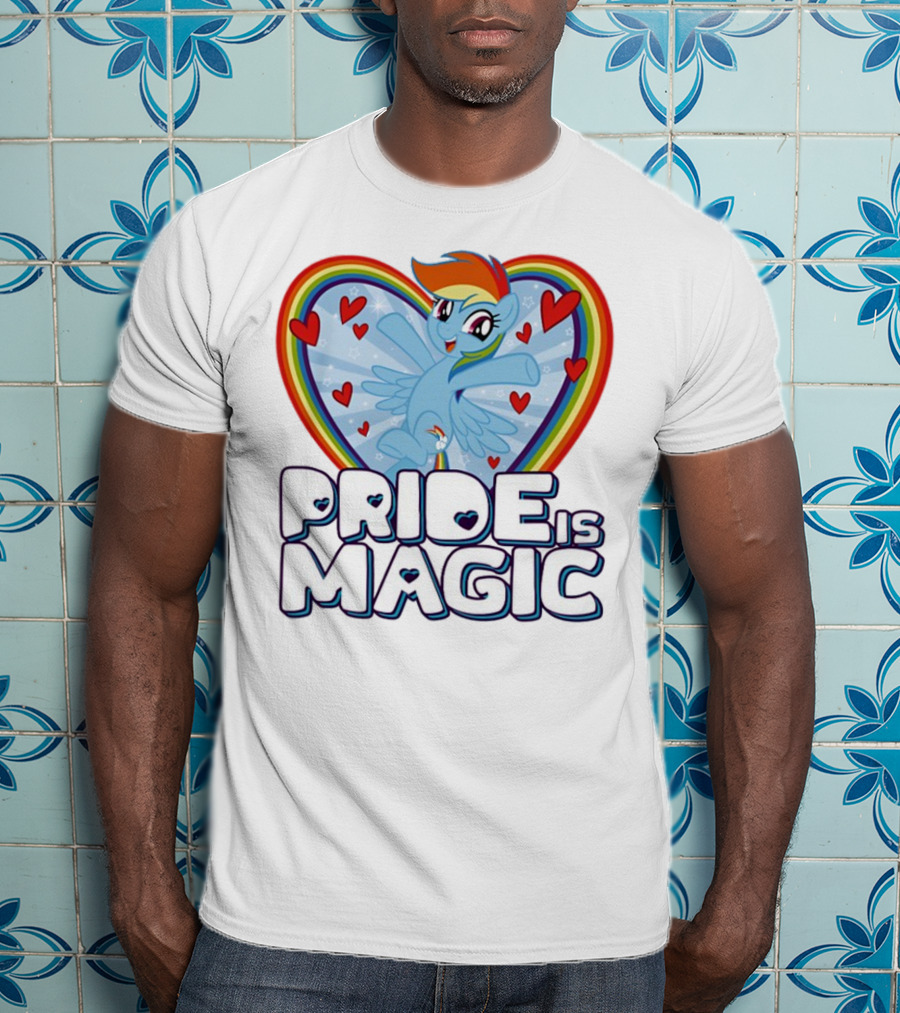 Pride Is Magic Rainbow Heart Flying Pony With Stars And Hearts T-Shirt