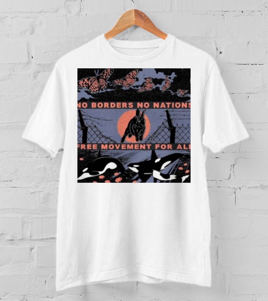 No Borders No Nations Free Movement For All Butterflies Rabbit Orcas Fence Orange Background T-Shirt