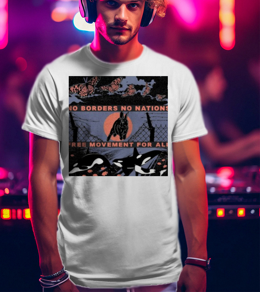 No Borders No Nations Free Movement For All Butterflies Rabbit Orcas Fence Orange Background T-Shirt
