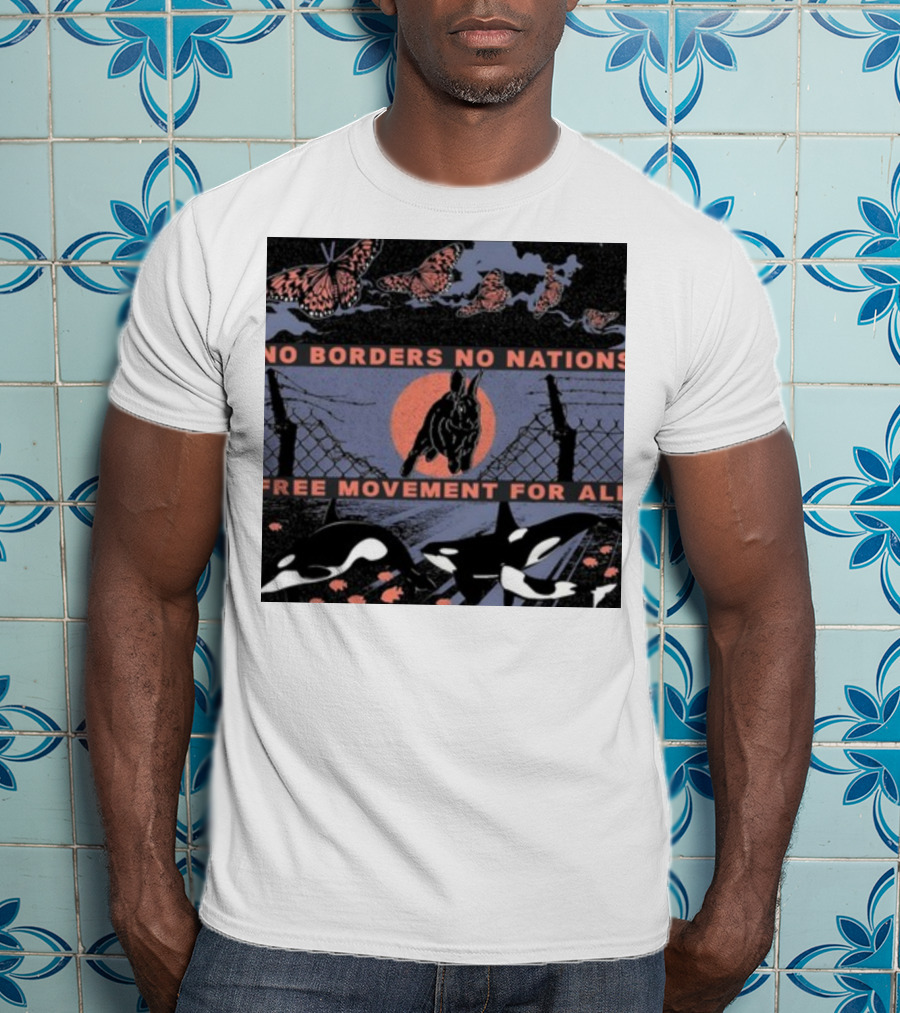 No Borders No Nations Free Movement For All Butterflies Rabbit Orcas Fence Orange Background T-Shirt