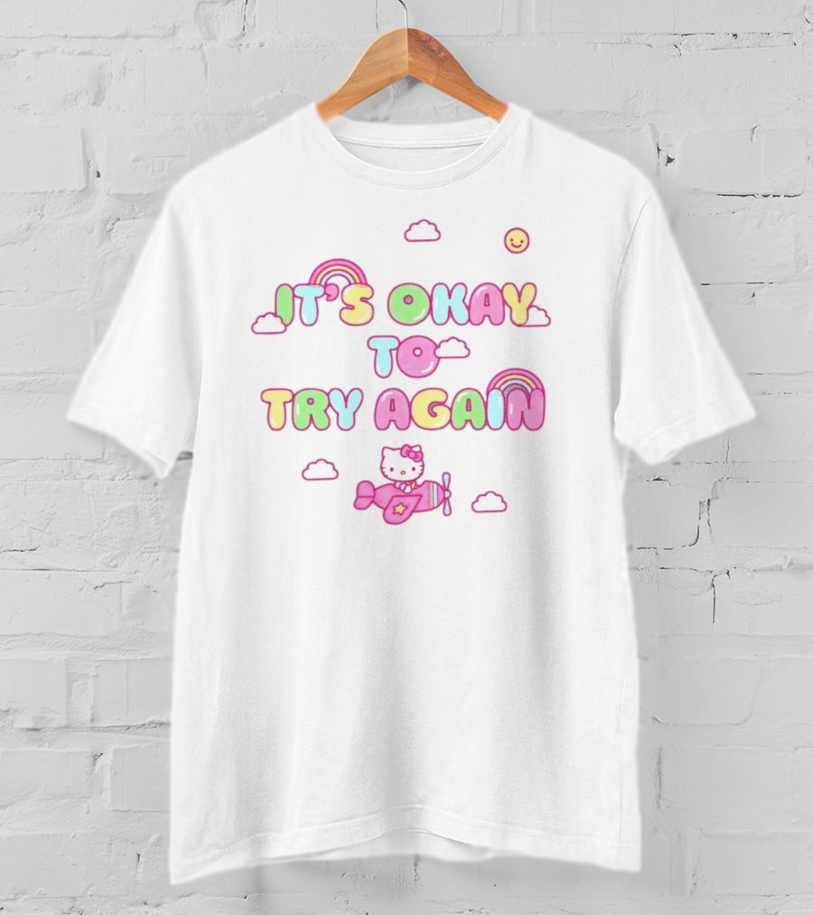 Hello Kitty It's Okay To Try Again Rainbow Clouds Airplane T-Shirt