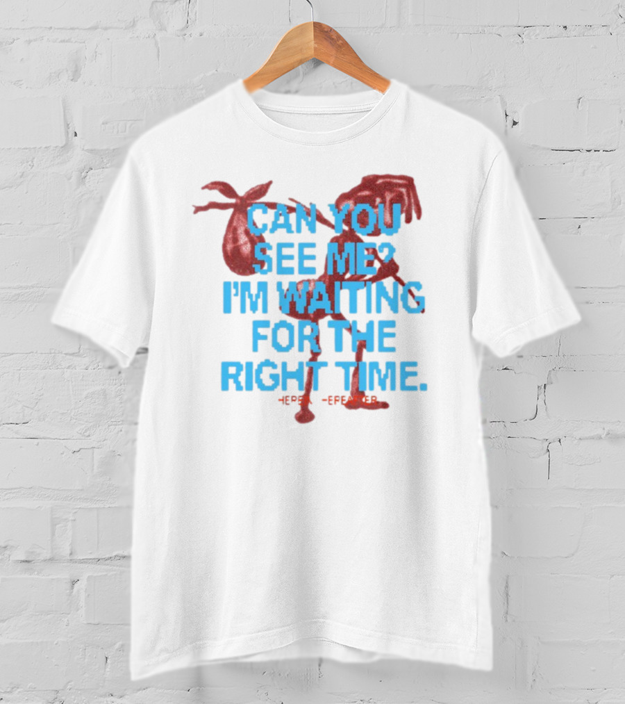 CAN YOU SEE ME I'M WAITING FOR THE RIGHT TIME Red Silhouette With Blue Text T-Shirt