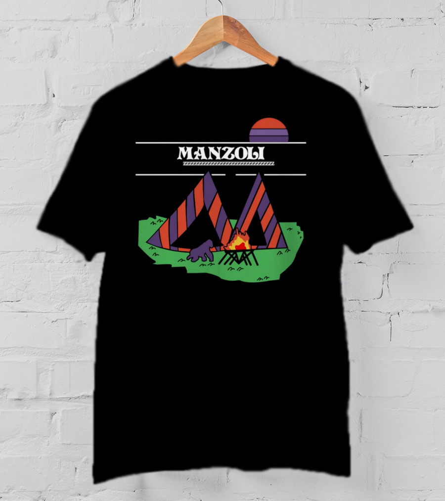 MANZOLI Tent Camping Fire Sunset Stripes T-Shirt