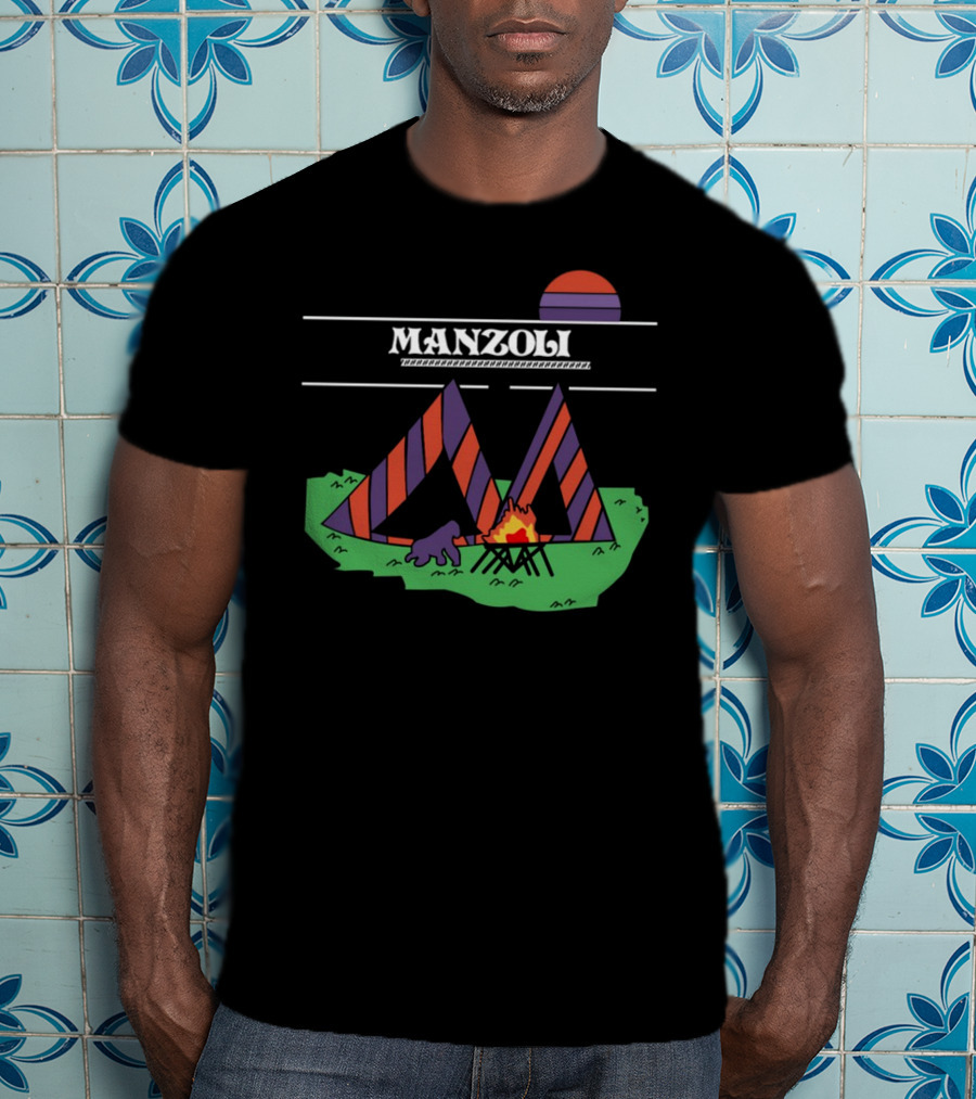 MANZOLI Tent Camping Fire Sunset Stripes T-Shirt