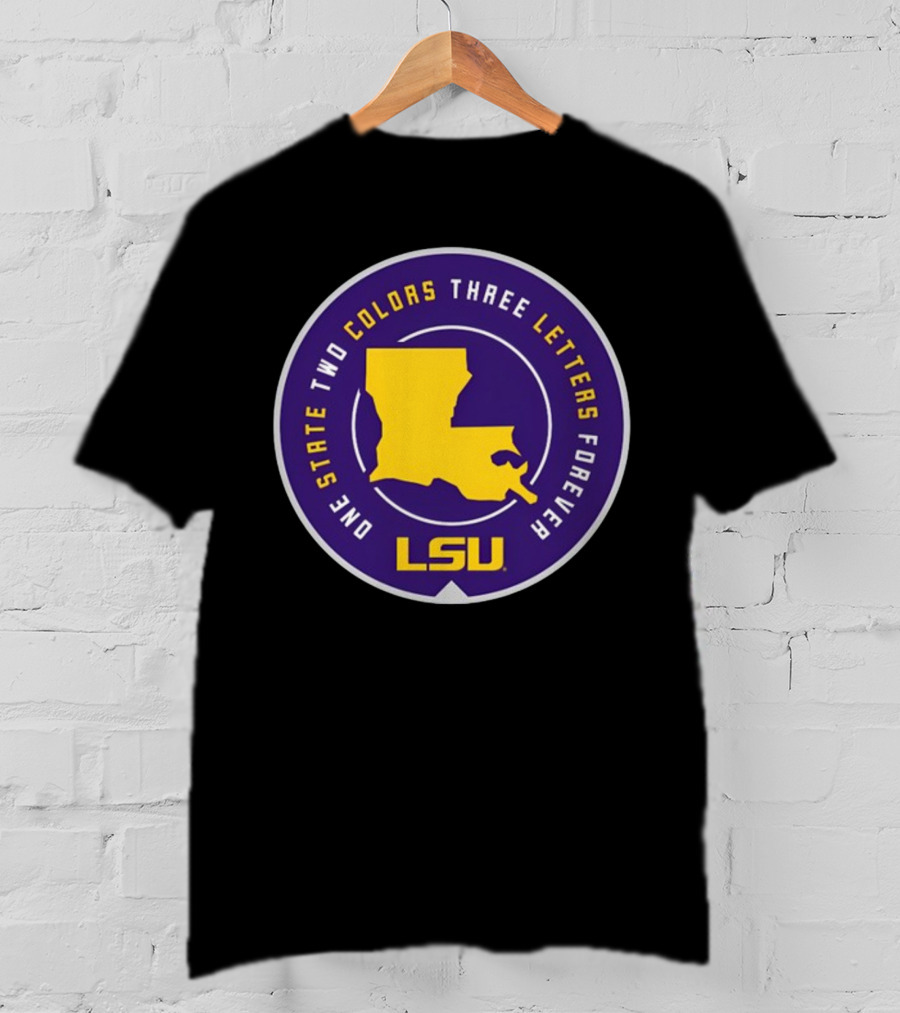 One State Two Colors Three Letters Forever LSU Louisiana Map Purple Gold Circle T-Shirt
