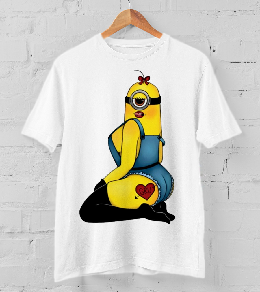 Minion In Blue Overalls With Gru Heart Tattoo And Red Bow T-Shirt