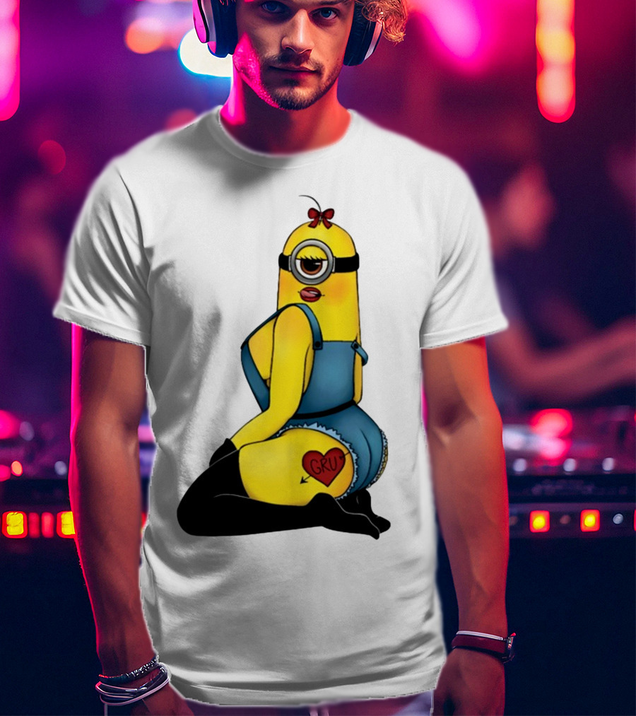 Minion In Blue Overalls With Gru Heart Tattoo And Red Bow T-Shirt
