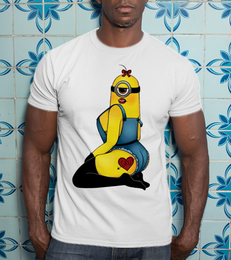 Minion In Blue Overalls With Gru Heart Tattoo And Red Bow T-Shirt