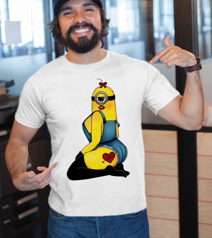 Minion In Blue Overalls With Gru Heart Tattoo And Red Bow T-Shirt