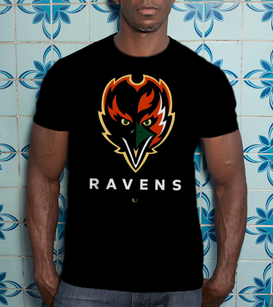 Ravens Logo With University Of Miami Hurricanes Colors T-Shirt