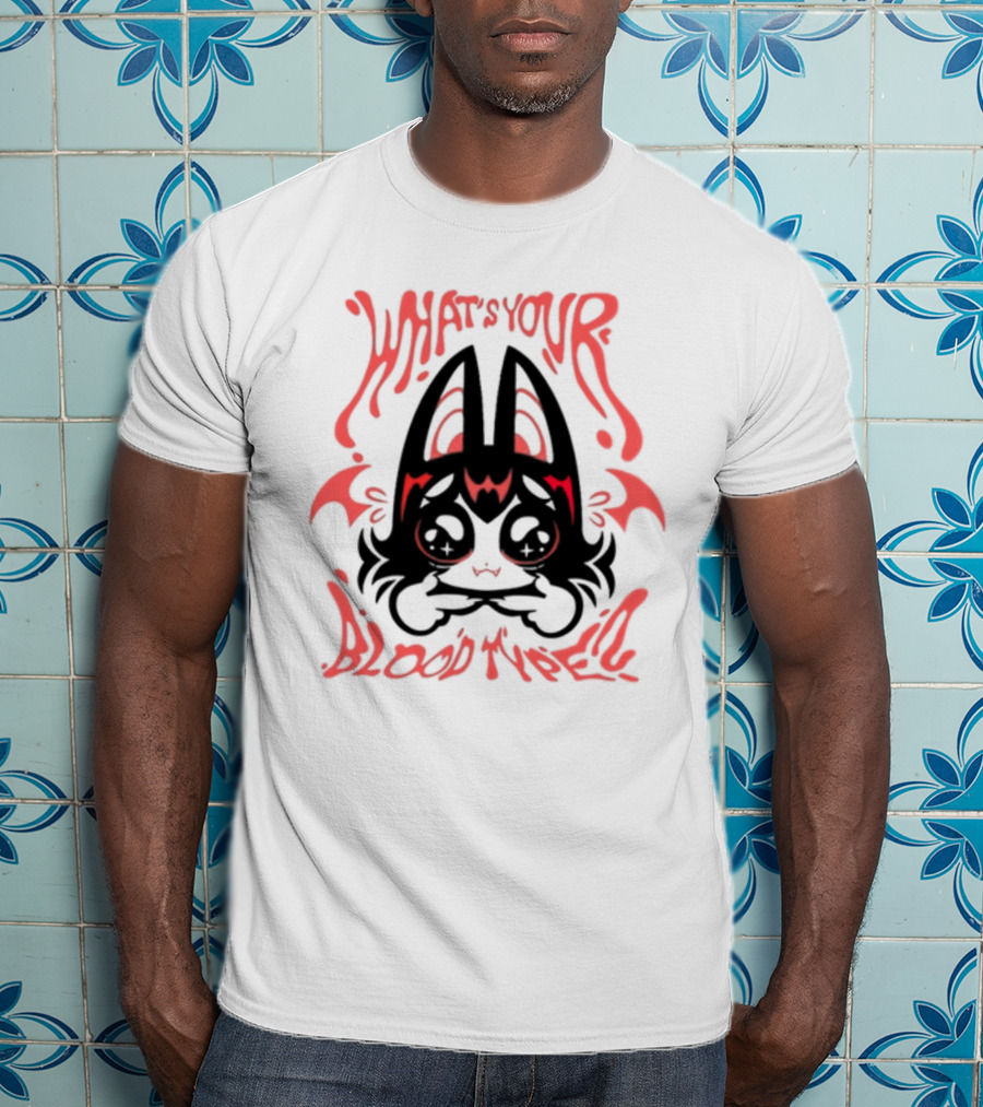 What's Your Blood Type? Kawaii Bat Character IN Red And Black T-Shirt