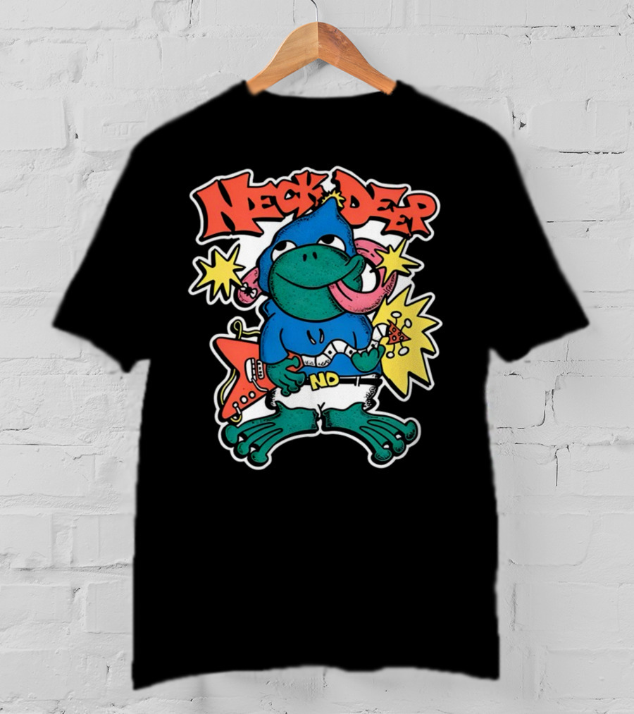 Neck Deep Frog Cartoon Character Holding Red Electric Guitar With Stars And No Belt T-Shirt