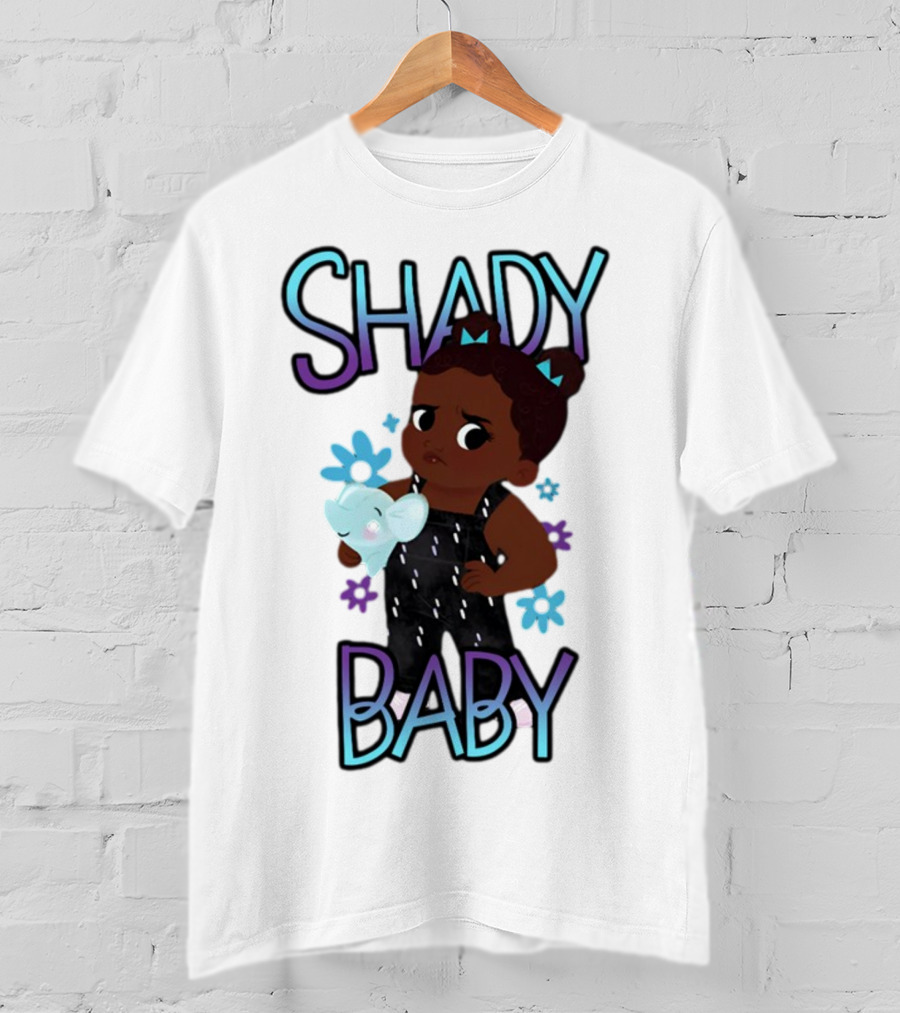 Shady Baby Cute Cartoon Character Holding Blue Elephant With Purple And Blue Flowers T-Shirt
