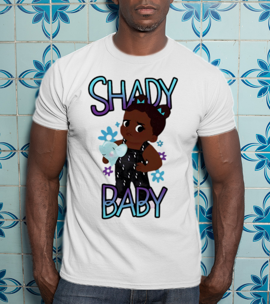 Shady Baby Cute Cartoon Character Holding Blue Elephant With Purple And Blue Flowers T-Shirt