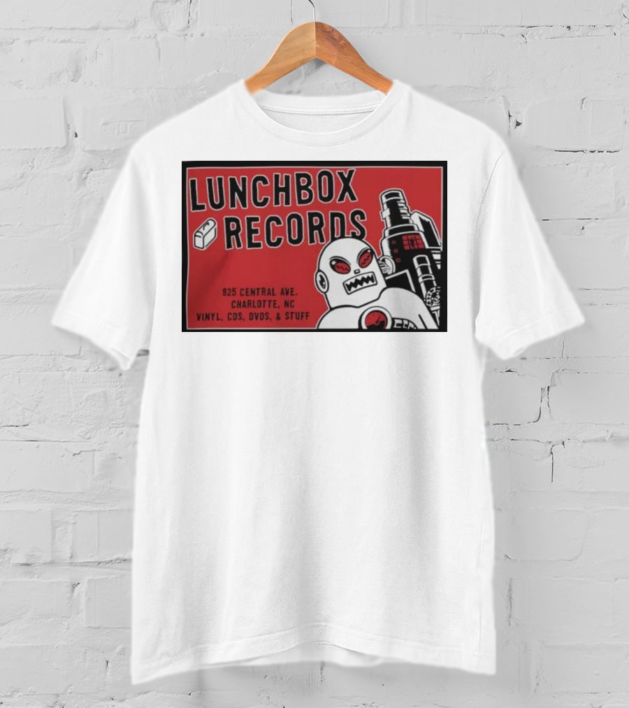 Lunchbox Records 825 Central Ave Charlotte NC Vinyl CDs DVDs Stuff Robot T-Shirt