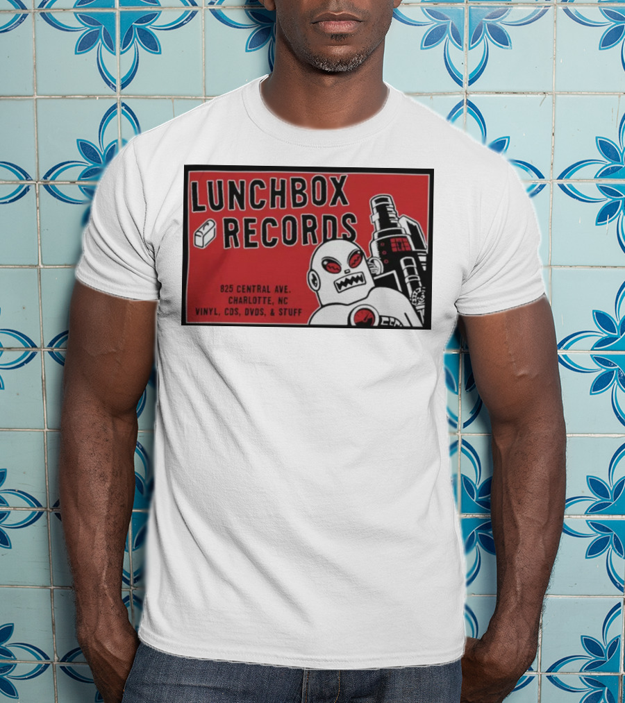 Lunchbox Records 825 Central Ave Charlotte NC Vinyl CDs DVDs Stuff Robot T-Shirt