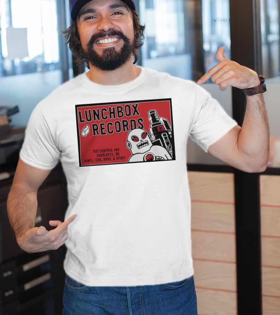 Lunchbox Records 825 Central Ave Charlotte NC Vinyl CDs DVDs Stuff Robot T-Shirt