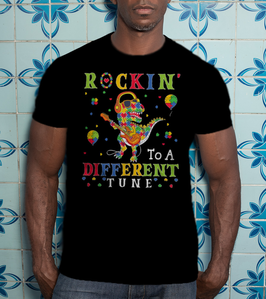 Rockin' To A Different Tune TRex Dinosaur Autism Awareness Puzzle Pieces T-Shirt
