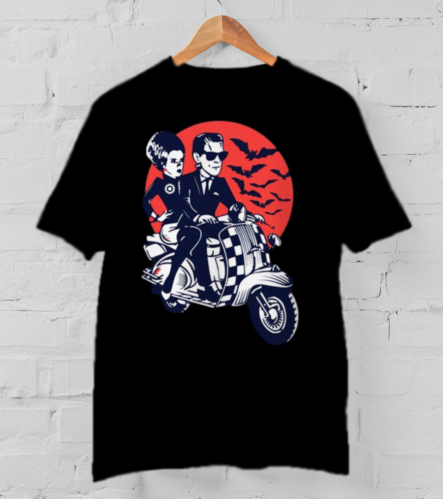Ska-Lloween Couple Riding Scooter With Bats In Halloween Moon Sky T-Shirt