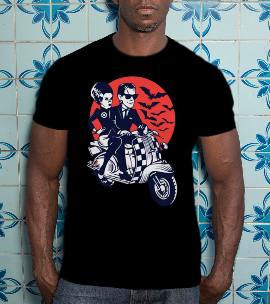 Ska-Lloween Couple Riding Scooter With Bats In Halloween Moon Sky T-Shirt